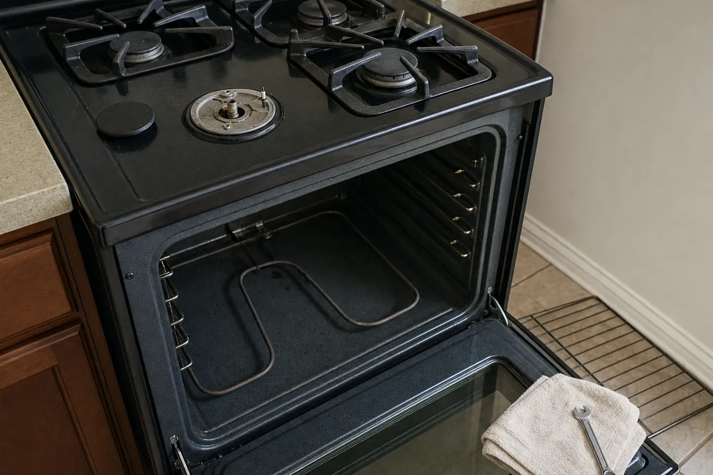 Open oven cavity on a black gas range with the bake element visible across the floor of the cavity, rack set aside