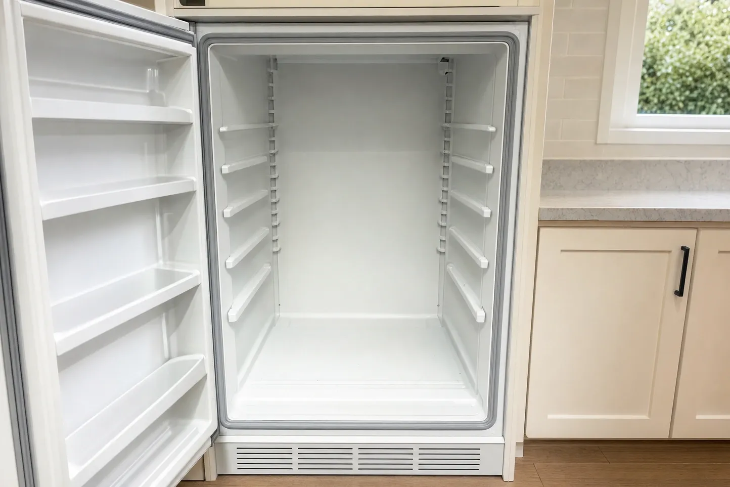 Full-height built-in refrigerator standing open with every shelf removed, shelf ladders and base vent grille visible