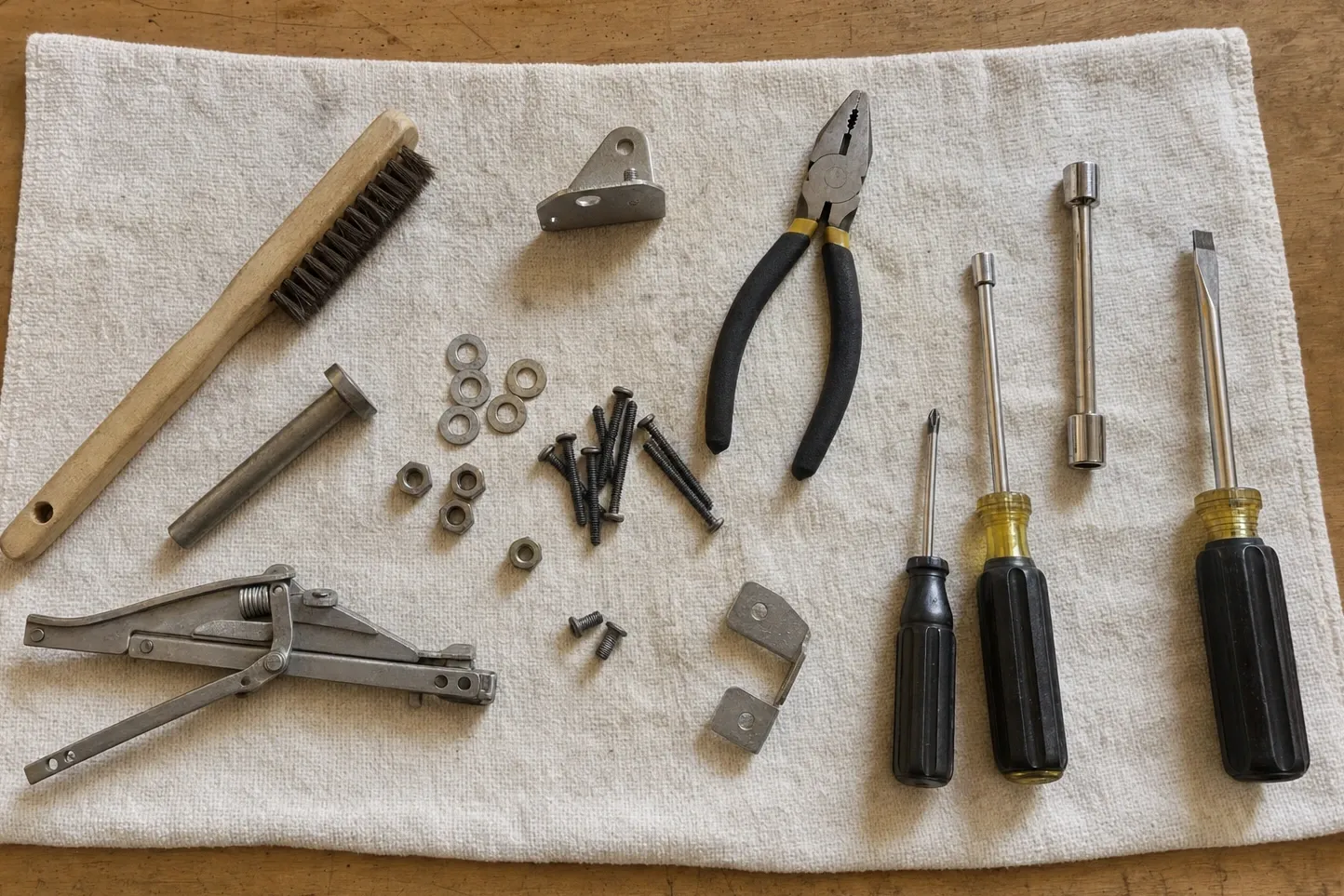 A spring-loaded scissor hinge mechanism with its roll pin, small brackets and clips, laid out on canvas with drivers